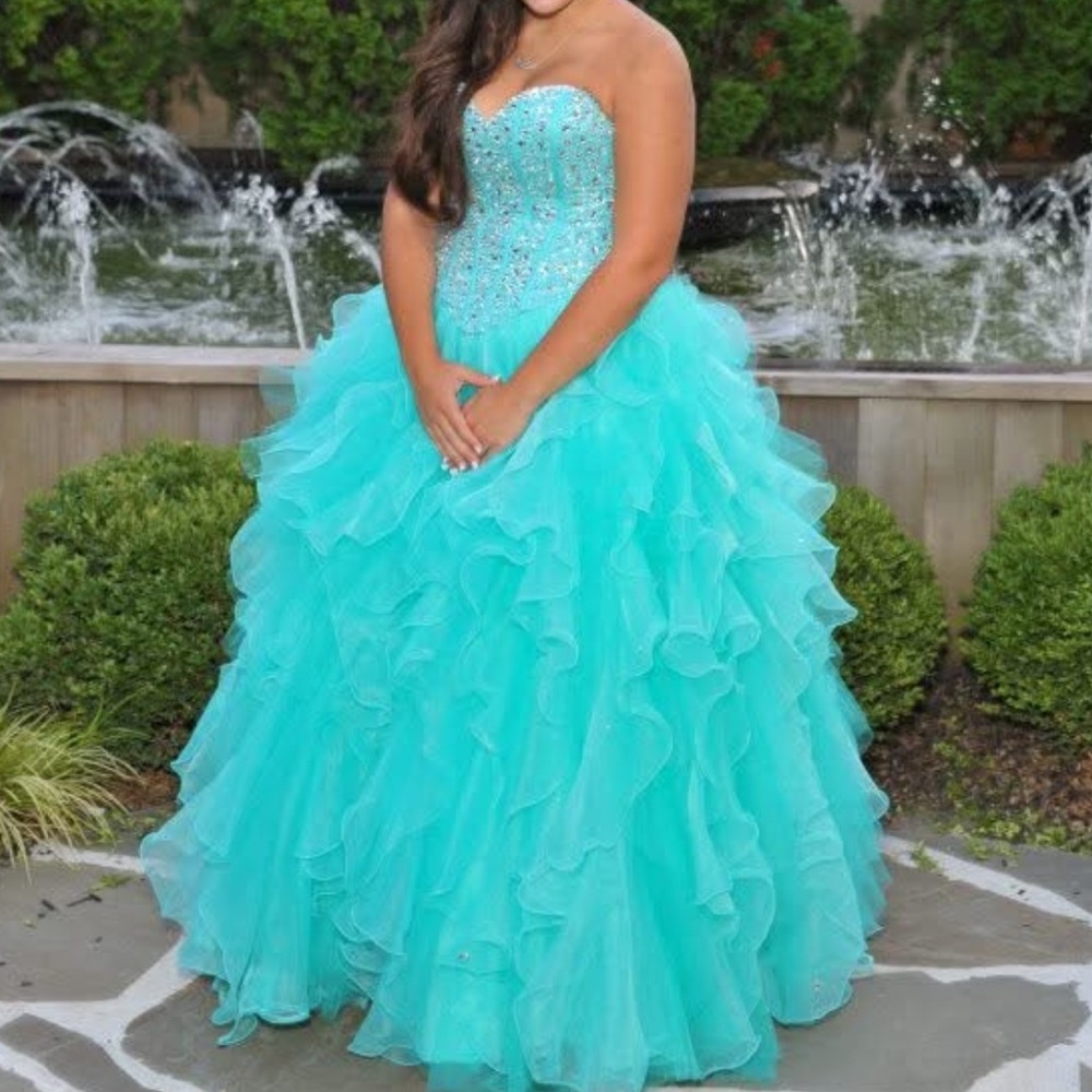 Mori Lee Turquoise Ruffled Ball Gown-Beaded Sweetheart Bodice w/ Bolero jacket